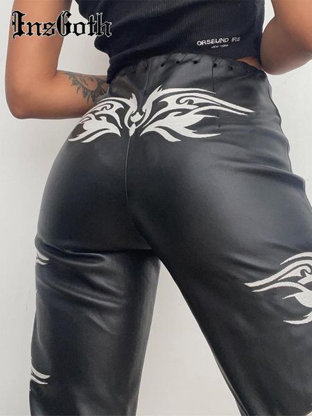 Pantalon Femme Capris InsGoth Streetwear Faux Cuir PU Pantalon Y2K Harajuku Grunge Punk Taille Haute Droite Noir Pantalon Goth Lâche Femmes Pantalon 230615