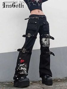 Damesbroek capris InsGoth y2k punk schedel gedrukte zwarte knopbroek Harajuku hoge taille grote zak broek goth mall grunge vrachtbroek techwear c240411