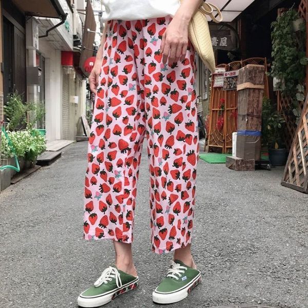 Pantalons pour femmes Capris japonais jolie fille petite fraise imprimé pantalon été mince décontracté pantacourt taille haute drapé large jambe pantalon femmes 230719