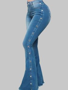 Pantalon pour femmes capris jeans hauts pantalons féminins à taille haute plancherie élastique à taille taille pantalon évasé conception de rivet solide de style strt de style long et hiver y240504