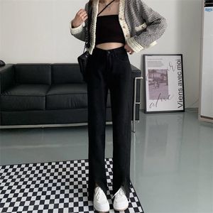 Pantalon femme Capris mode coréenne Flare femmes pantalon avant fendu jambe droite dames vêtements Streetwear noir cloche bas 2023