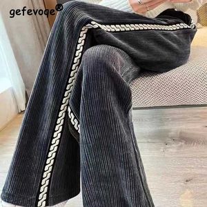 Damesbroek capris Koreaanse modezijde streep rechte brede been vrouwelijke broek herfst winter hoge taille pluche warm casual strtwear broek vrouwen y240504