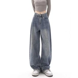 Pantalon féminin Capris Korean Fashion Y2k rétro large jambes larges hautes vêtements droits de rue jeans bleus