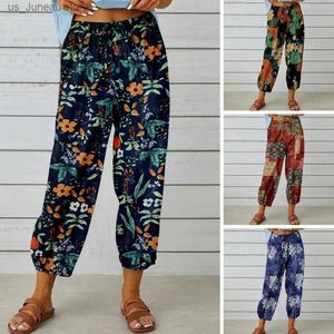 Damesbroek capris dame broek vrouwelijke kleding vrouwen zomervakje los drawstring hoge taille retro print dagelijkse slijtage aan comfortabele elastische elastische wa t240412