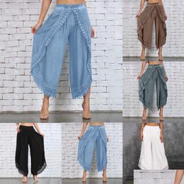 Pantalones para mujer Capris Lady Wear Mori Girl Cintura elástica Cordón Cloghet Pierna ancha Longitud de la pantorrilla Pantalones de algodón Hippie Boho Mujeres Drop Del Dhe3R