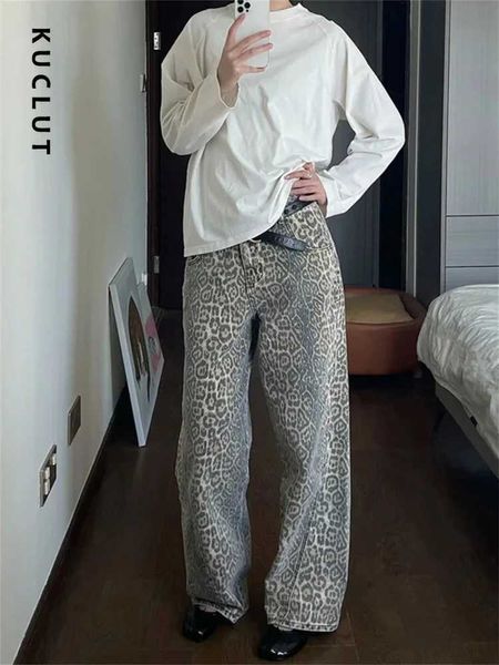 Pantalon féminin Capris Leopard Imprimé Jean à jambes larges American Wash Vintage Street Disond New Harajuku Style Spicy Girl Sac Y2K Casual Q240508