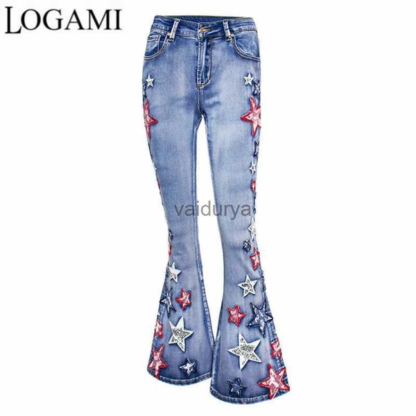 Pantalon femme Capris LOGAMI étoile broderie jean pour femmes Patch conceptions Flare Denim pantalon femme cloche bas jean YQ231213