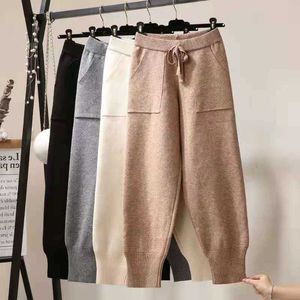 Pantalons pour femmes Capris lâches femmes taille élastique tirer corde pantalon épais tricot Hareham long hiver sweat carotte T221024