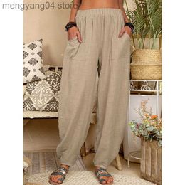 Pantalones de mujer Capris Lucyever Vintage Boho Pantalones de lino de algodón para mujer Bolsillos de verano Pantalones de playa delgados Mujer Casual Cintura alta Pantalones sueltos Harem T230531