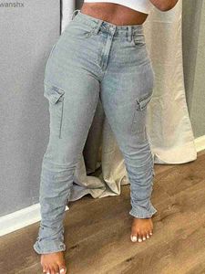Pantalon féminin Capris LW plus taille haute taille rabat latéral de poche jeans jeans pour femmes zipper jeans de design plissé serré pantl240429