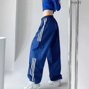 Damesbroeken capris mexzt gestreepte sportbroek voor dames hiphop strak Strwear baggy wide been lading broek bf y2k hoog geaasterd drag jogger broek y240429