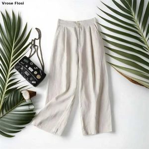 Damesbroeken capris Nieuwe katoenen linnen broek voor dames zomer vintage vaste kleur wijd been los rechte slanke casual broek Q240508