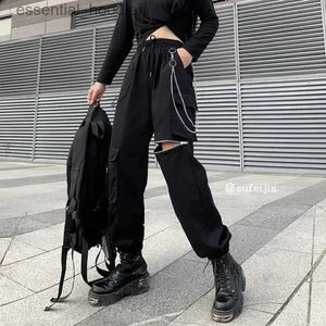 Pantalon féminin Capris Nouveau pantalon de produit gothique Chaîne Punk Gothic Harajuku Black Mens coréen Fashion High Waist Sports Pants Fe C240411