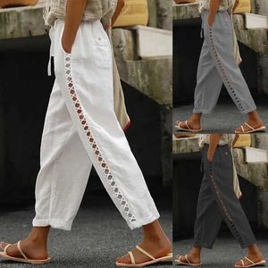 Vrouwen Broek Capri Nieuwe Vrouwen Katoen Linnen Harembroek Zomer Losse Kant Stiksels Holle Broek Vrouwelijke Vintage Enkellange wijde Pijpen Broek