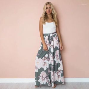 Damesbroek Capris Palazzo Floral Geometric Gedrukt Elastische Hoge Taille Sjerpen Lange wijde Been Losse Culottes Maxi Broek