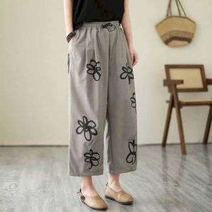 Pantalon féminin Capris Pantalon Fleur Graffiti Design élastique Affinet décontracté Vintage Coréen Pantalon Harem Pantal