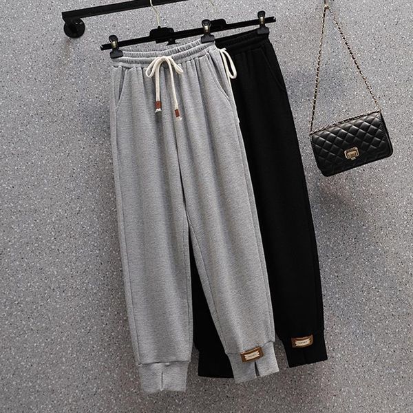 Pantalones de Mujer Capris parches estiramiento Casual Mujer cintura elástica Harem Pantalones de chándal Mujer gris Color sólido tobillo longitud Pantalones Mujer Aut