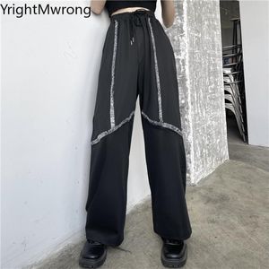 Damesbroek Caprip Patchwork Frill Purry Tassel Zwart Trekkoord Hoge Taille Losse Rechte Pant Broek Mode Streetwear Sweëbs Sum