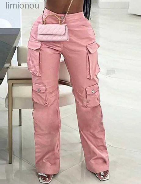 Pantalones de mujer Capris Pink Cargo Pants para mujer 2024 Primavera Pierna recta Sólido Diseño de bolsillo LTI Cintura alta Pu Cuero Pantalones holgados sueltos StreetwearL240110