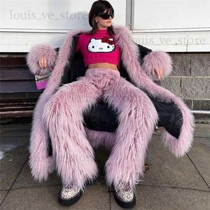 Pantalon féminin Capris Pink Fur Sexy Pant Y2k Streetwear 2023 Femmes Hiver Fais d'automne Baggo Cargo High Taist Club Club Party Pant à fourrure T231215