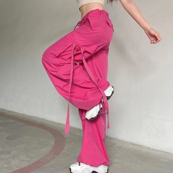 Pantaloni da donna Capris Pink Y2K Cargo Pants Pantaloni larghi da donna Gamba larga Cintura con cinture rosa Campus Pantaloni larghi larghi da donna High Street 230807
