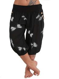 Pantalones para mujeres Capris Plus Tamaño 1xl-8xl Butterfly Capri Pants Cómoda cintura estirable Estilo de verano transpirable Mezcla de poliéster fácil Y240422