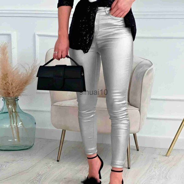 Pantalons pour femmes Capris Pu Leggings Pantalon Sexy Or Argent Noir Collants Taille Haute Femmes Pantalon Crayon Femme Streetwear Skinny Faux Cuir Leggings J231211