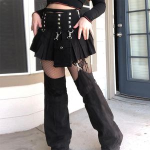 Damesbroek Caprip Punk Gothic Vrouwen Patchwork Cargo Grunge Streetwear Hoge Taille Klinknagel Rits Zwart Wide Peen Geplooide Rok Broek E-G