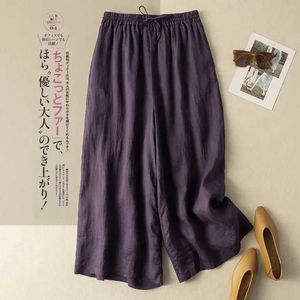 Pantalon féminin Capris Purple Coton Linge décontracté élastique haute taille en vrac pantalon pour femmes coréense de la mode