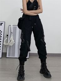 Damesbroek Capris Qweek Techwear Gothic Black Cargo Pants vrouwen punk streetwear hiphop joggers Harajuku hoge taille lint losse vrouwelijke broek 230321