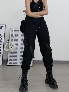 Pantalon féminin Capris Qweek Techwear Gothic Black Cargo Pants Femmes Punk Streetwear Hip Hop Joggers Harajuku Ribbon haute taille pantalon féminin 230321
