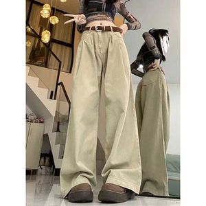 Damesbroeken capris qwk vintage damesjeans y2k hoge taille losse casual wide been broek kaki Korean strtwear mode rechte denim broek y240509