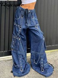 Damesbroek Capri Rapcopter y2k Bandage Cargo Jeans Punk Metal Blue Baggy Streetwear Broek Dames Koreaans Grunge Esthetische Jeans Stijlvol Vintage 90s 230615