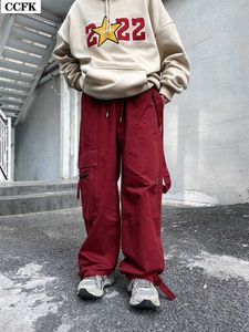 Pantalons pour femmes Capris Pantalon cargo rouge avec poches Femmes Harajuku Punk Joggers 90s Streetwear Hip Hop Pantalon de survêtement Egirl Grunge Alt Vêtements Y2k Salopette T220926