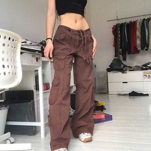 Pantalons pour femmes Capris Rétro Gris Salopette Pantalon cargo à jambes larges Pantalon femme Sexy Taille basse Pantalon décontracté ample Streetwear Y2K Pantalon droit T220926