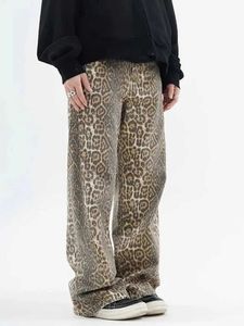 Damesbroeken Capris Retro Leopard Print jeans voor vrouwen in het voorjaar oversized casual billen trendy brede poot broek Trend High Tailed Black Q240508
