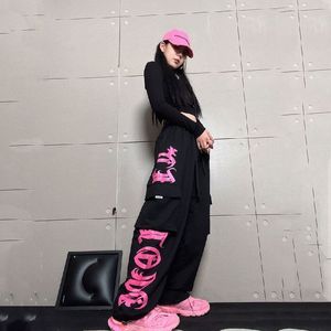 Damesbroek Capris retro multi-pocket zwart roze roze bedrukte overalls broek vrouwelijke persoonlijkheid street hiphop losse casual dansende sportbroek 230310