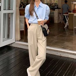 Pantalon femme Capris rétro droite jambe large marron Vintage femme coréen taille haute décontracté Long bleu marine blanc Beige pantalon 220922