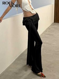 Pantalon féminin Capris Rockmore en dentelle noire Pantalon en cuir à volants Bas taille femme coquette y2k strwear pantalon de mode de jambe large pantalon harajuku y240504