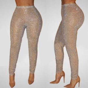 Damesbroek capris sexy dames bodycon clubkleding pailletten schittering glitter broek hoge taille elastische diamant vrouwelijke mode herfst dames w