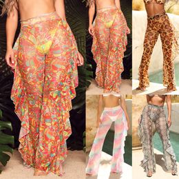 Pantalones de mujer Capris Mujeres sexy Ver a través de Bikini Cubrir Tallas grandes Ropa de playa Traje de baño Largo Irregular Patrón Estampado Pantalones Mujeres