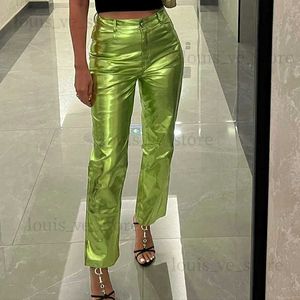 Pantalon féminin Capris Goldage brillant Pant Pant en cuir Femmes Femmes Haute Bouton Fly Straitement Streetwear Casual Y2k Vêtements T231202