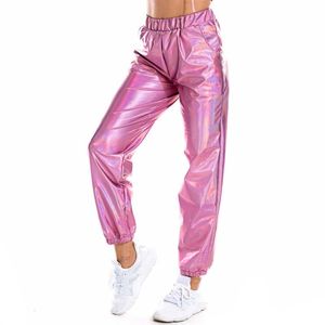Damesbroek capris glanzende holografische vrouwen broek losse hoge taille metalen broek dansvoorstelling hiphop broek streetwear joggers 230422