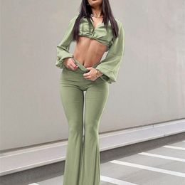 Pantalons pour femmes Capris solide vert taille haute femme pantalon évasé Vintage pleine longueur élastique pantalon évasé pour les femmes mode femmes vêtements Streetwear 220916