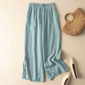 Capris vaste broek voor vrouwen voor vrouwen losse baggy broek vintage zomer dunne Koreaanse stijl elastische taille bijgesneden broek stromende breedbeenbroeken y240509