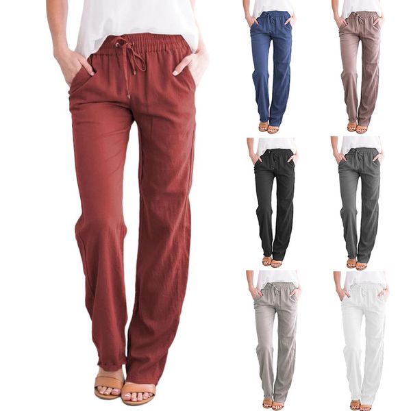 Pantalones de mujer Capris primavera y verano europeo americano color sólido algodón lino cordón suelto casual pantalones de pierna ancha