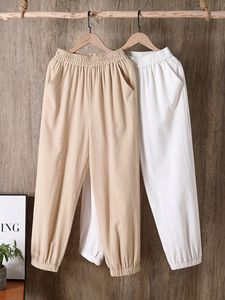 Damesbroek capris lente zomer casual katoenen linnen broek vrouwen elastische taille vaste zakken retro losse harembroek broek broek bodems 230418