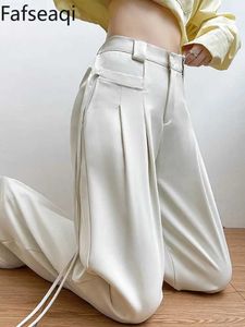 Damesbroek capris lente zomer rechte broek voor vrouwen hoge taille losse elegante wide been broeken klassieke witte vouwen broek met vrouwelijke flodderige broek y240509