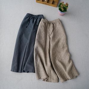 Dames broek capris lente zomer vrouwen casual all-match los plus size Japanse stijl korte streep linnen broek elastische taille breed le