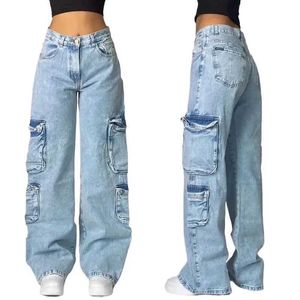 Damesbroek Capris Street Popular Multi Pocket Wassed denim broek voor dames Y2K NIEUW HARAJUKU Casual losse rechte breedbeen unisex punk broek Q240508